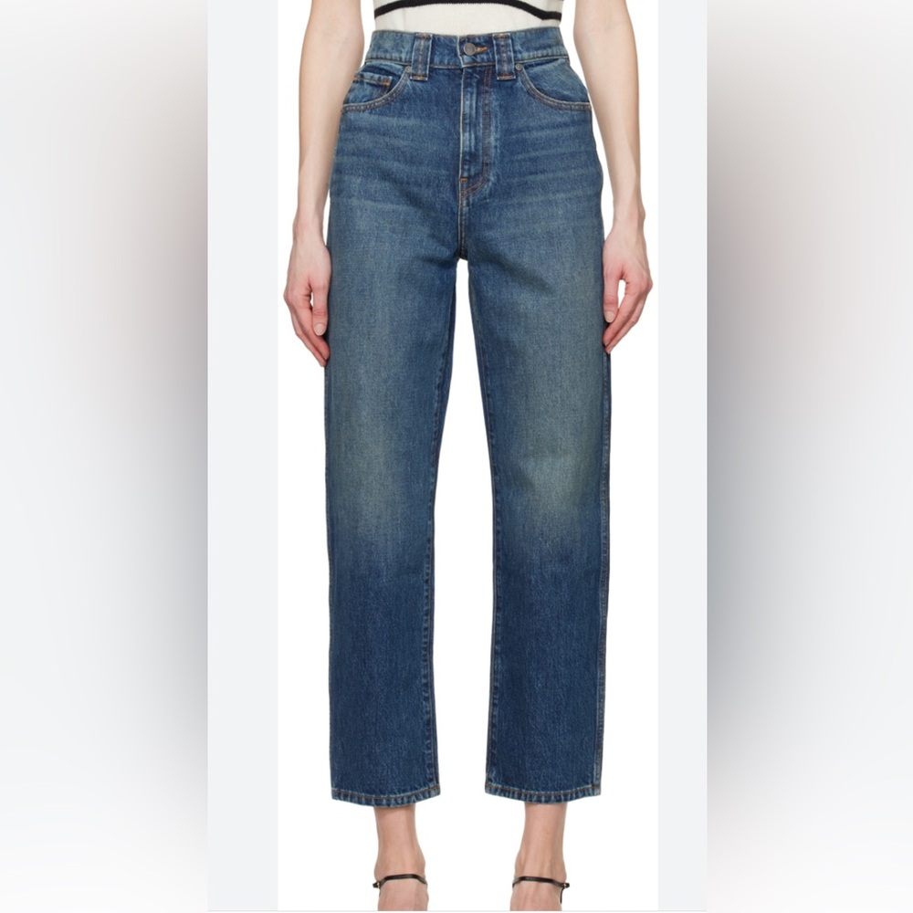 KHAITE SHALBI Blue Denim Jeans with Orange Stitching